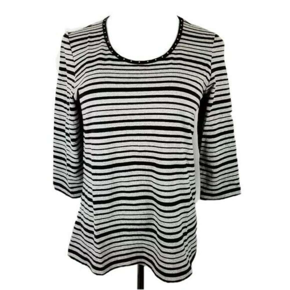 Christopher‎ & Banks Gray Black Striped Top Women's Small 3/4 Sleeve Scoop Neck